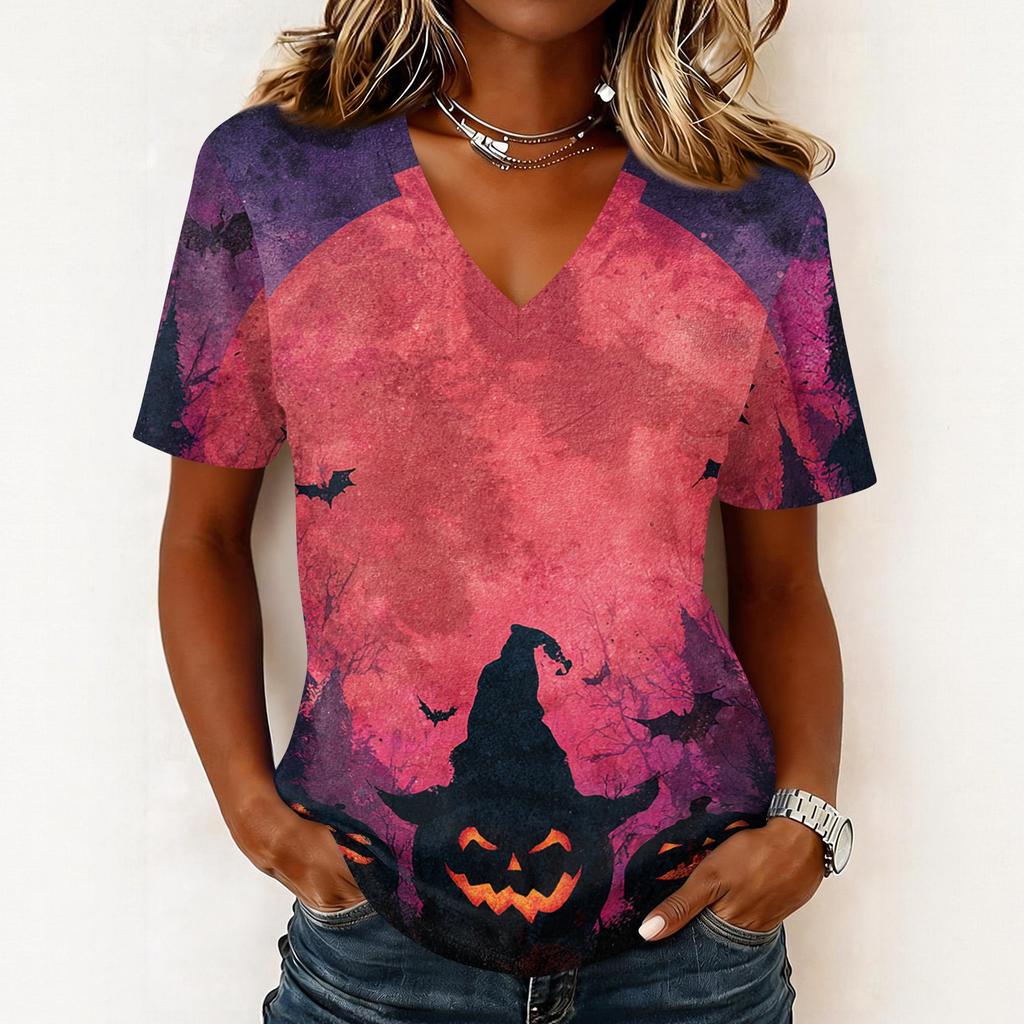 Women's Casual Short Sleeve V Neck Pullover Top Halloween Themed Graphic Print Lightweight Comfortable Fit