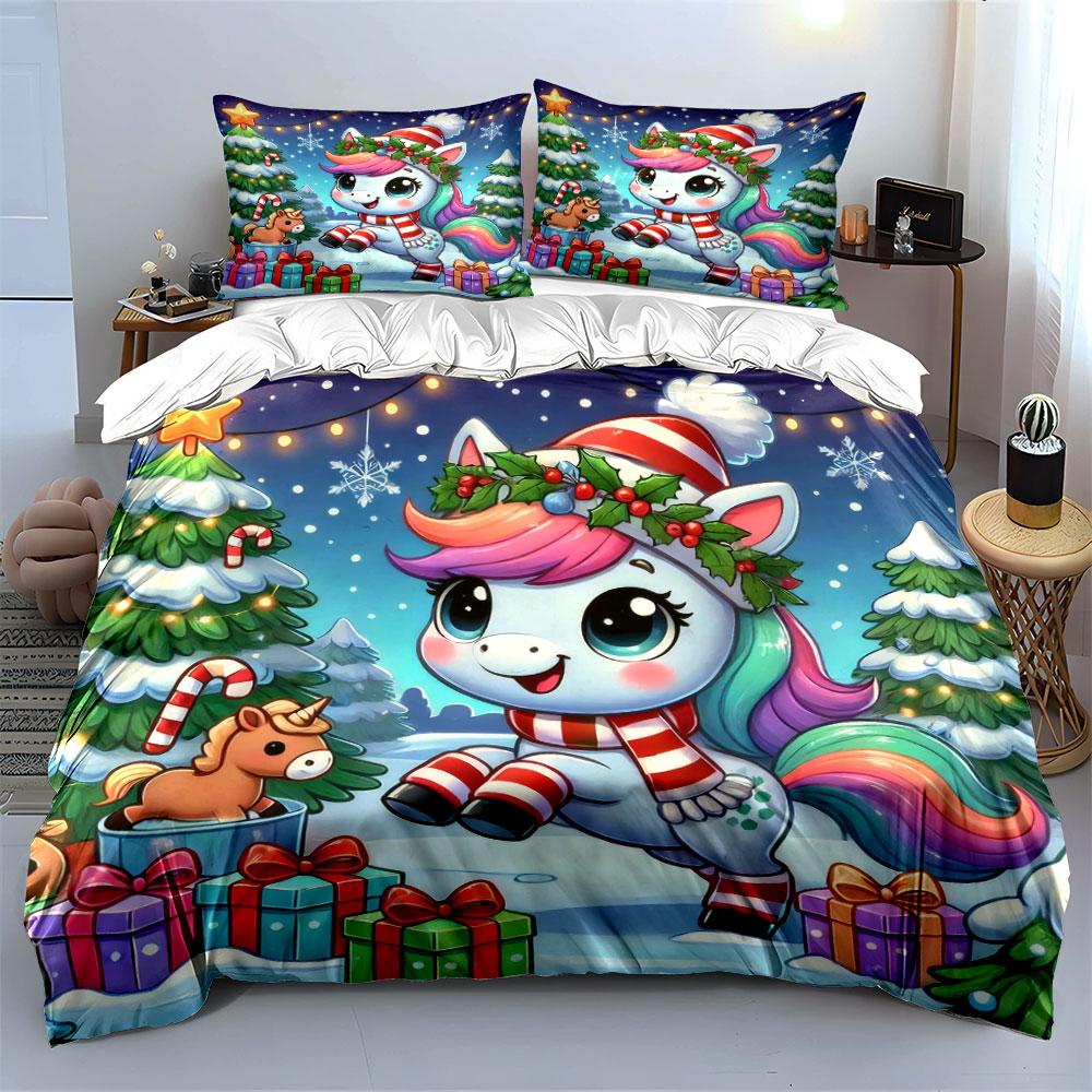 Christmas Unicorn Gift Design Bedding Duvet Cover Set (1*Duvet Cover 2*Pillowcases, without duvet insert)