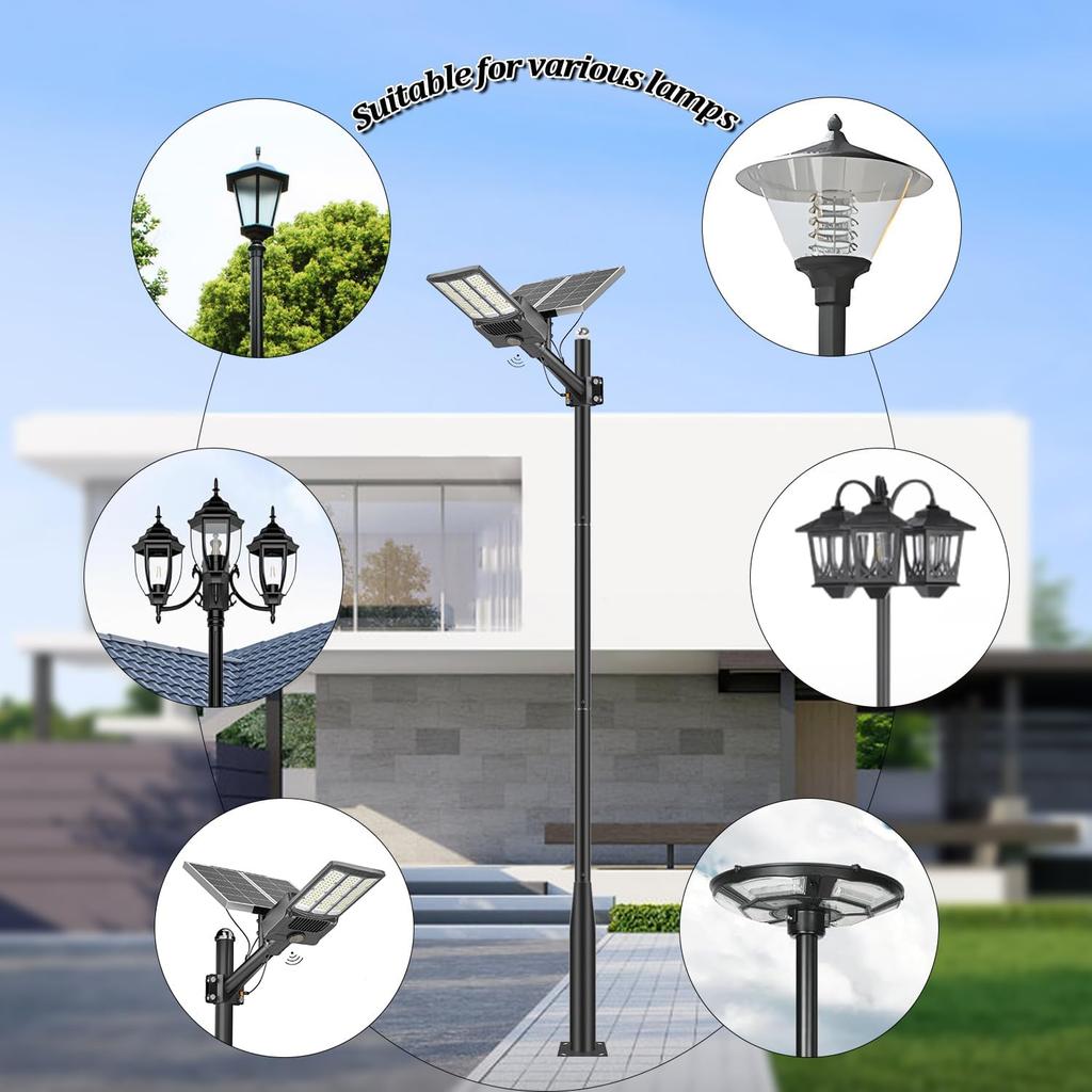 13Ft Black Solar Street Light Pole - Adjustable Metal Outdoor Lamp with Mounting Base