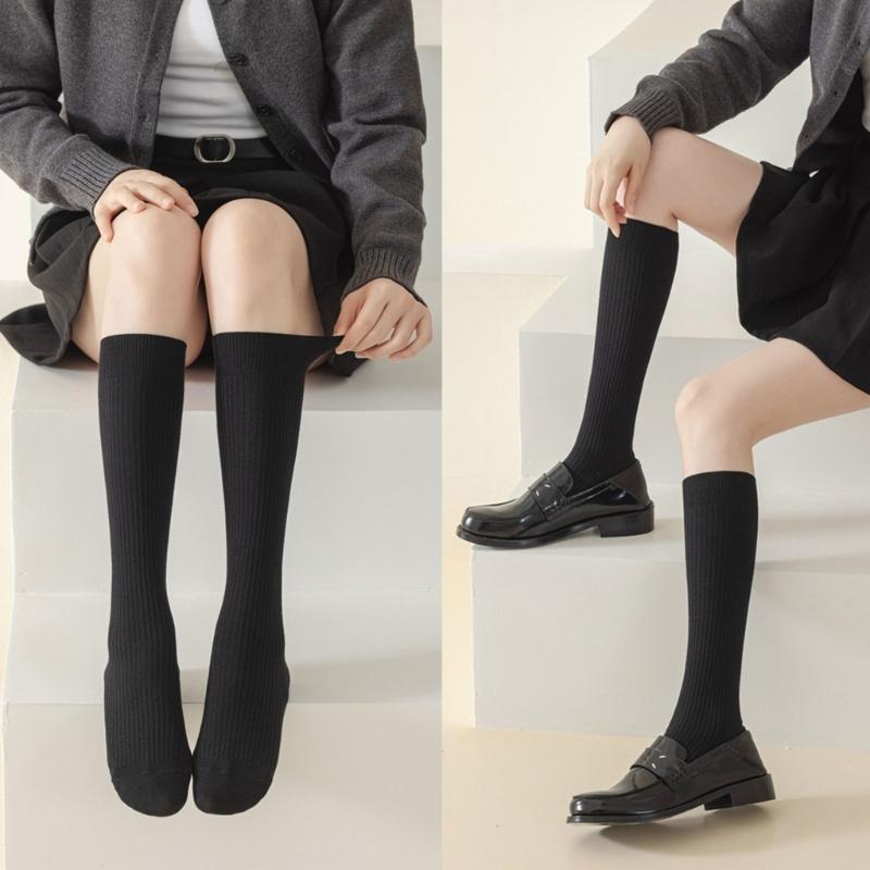 5 Pairs Women Rib Knitted Cotton Over The Calf Socks with Thick Double Stitching Classical Solid Color Knee Length Socks