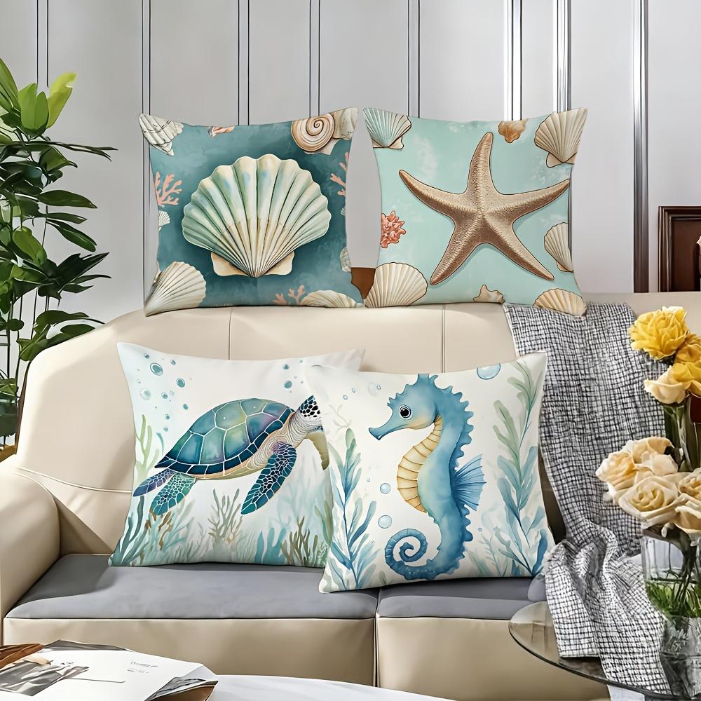 1/4pcs Coastal Throw Pillow Covers Watercolor Ocean Sea Turtle Seahorse Starfish Shell Decorative Pillowcases