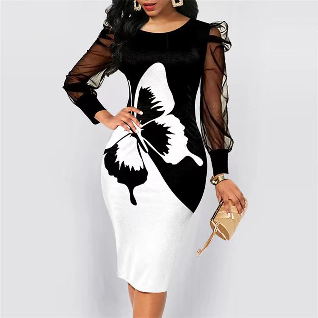 Women's Dress Butterfly Printed Mesh Patchwork Long Sleeved Slim Fitting Waist Wrap Hip Skirt