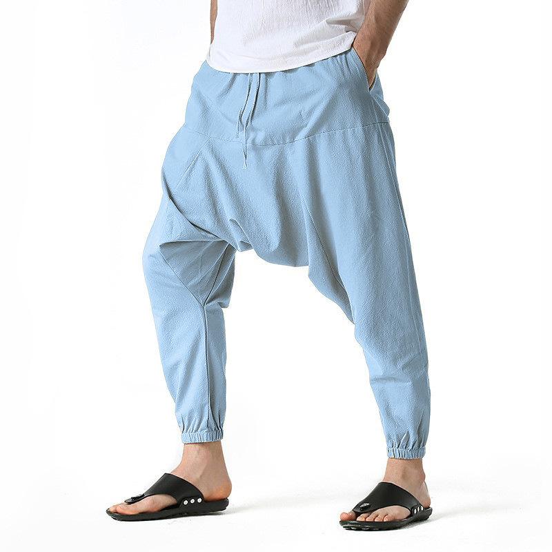 Men's Cotton Linen Casual Harem Pants Loose Fit Drop Crotch Lounge Pants Elastic Waistband Drawstring Adjustable Fit