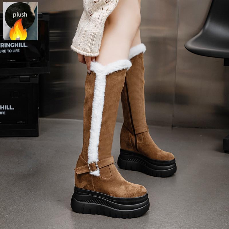 Fashion New Winter Women Snow Boots Platform Wedge High Heel Faux Fur Lady Shoes Female Plush Warm Non-slip Mid Calf Boots Goth Shoes