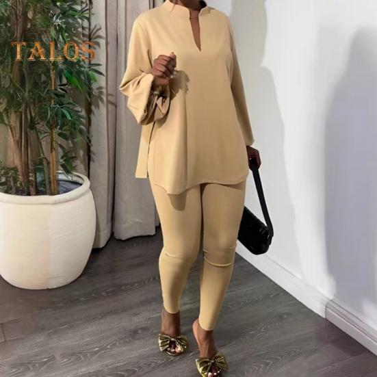 2 Pcs/Set Women Top Pants Set Stand Collar Long Sleeve Loose Split Hem Blouse Elastic Waist Slim Fit Trousers Daily Wear Outfit Summer Clothes