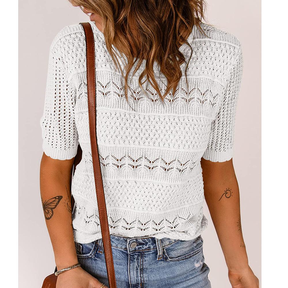 Women's Round Neck Hollow Short Sleeve Sweet Girl Knitted Crochet Sweater