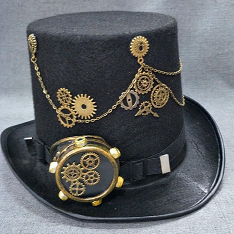 Steampunk Top Hat with Goggles Halloween Metal Gear Decor Hat Gothic Cosplay Magician Hat Unisex Jazzs Hat