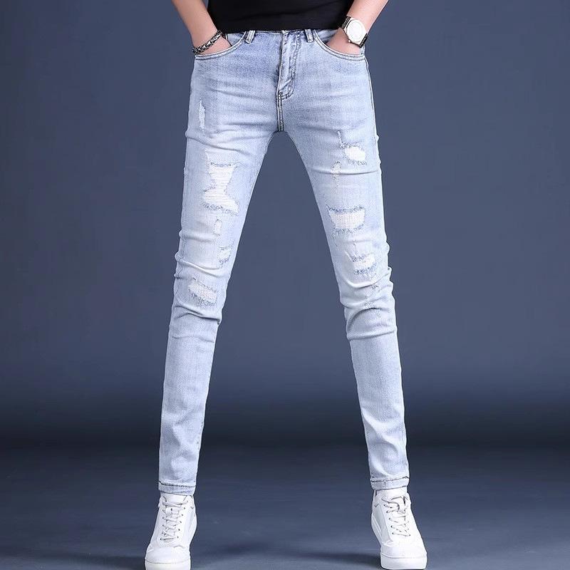 JYL Men's Cropped Jeans Summer Light Ripped Korean Slim Stretch Casual Denim Pants
