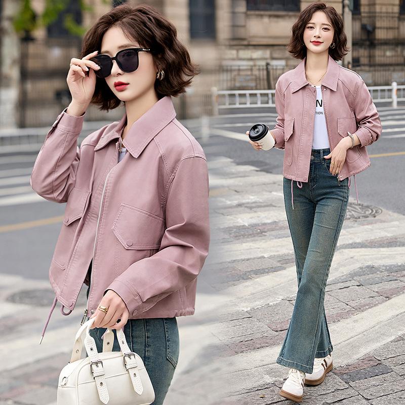 Vintage Leather Jacket Women's Spring and Autumn New Loose Black Short Jacket Motorcycle Top