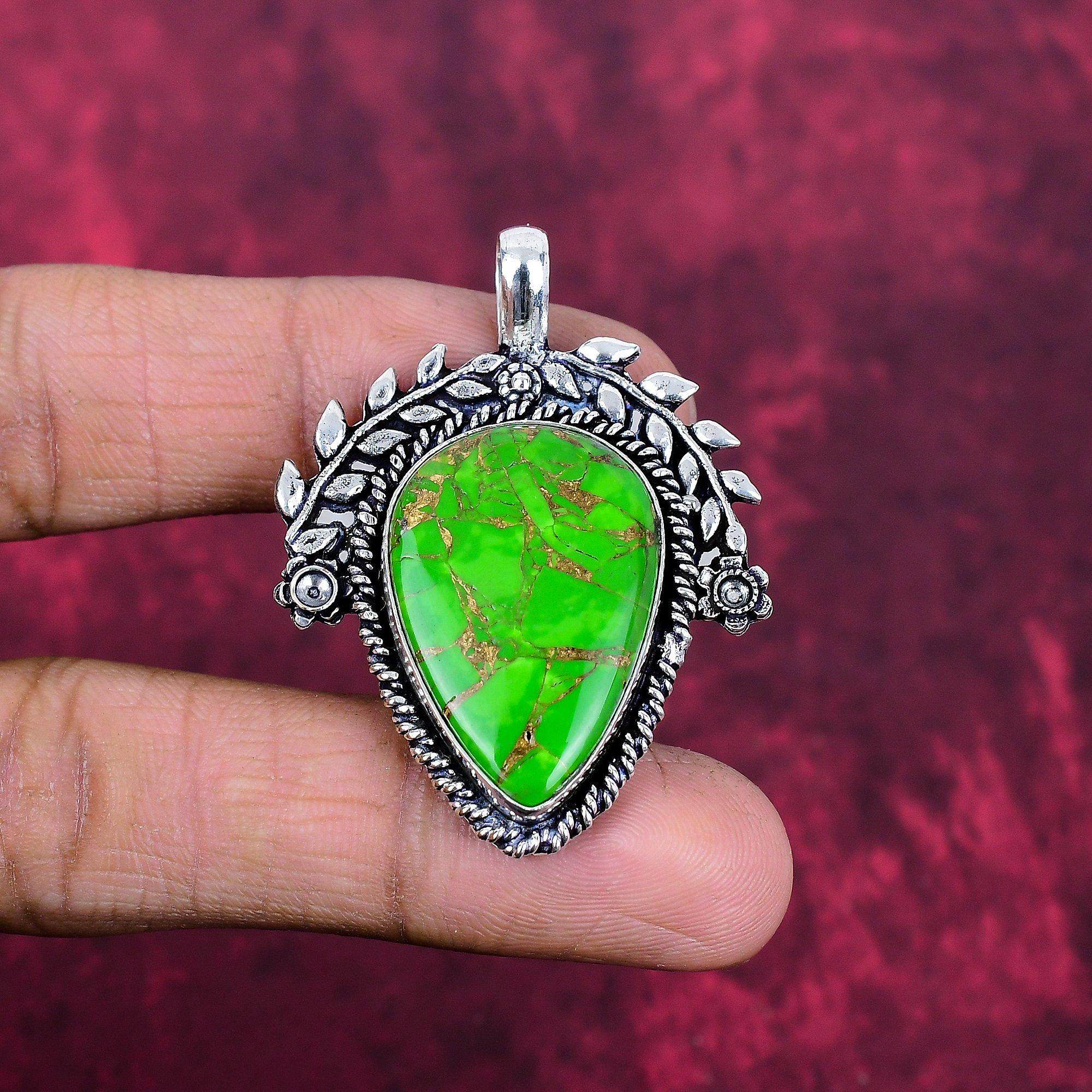 

Подвеска из зеленой медной бирюзы, Ювелирные изделия из стерлингового серебра 925 пробы, Подвеска с драгоценным камнем, Подарок для нее, Изящные украшения ручной работы 1.77 Inches