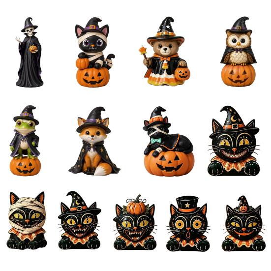 Cute Desktop Decoration Vintage Halloween Wooden Figurine, Rustic Witch Zombie Cat Owl Frog Tabletop Home Shelf Accents Ornament, Farmhouse