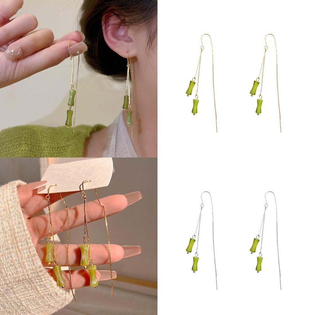 Vintage Bamboo Earrings Chinese Style Copper Ear Drops Long Fringe Green Bamboo Ear Thread