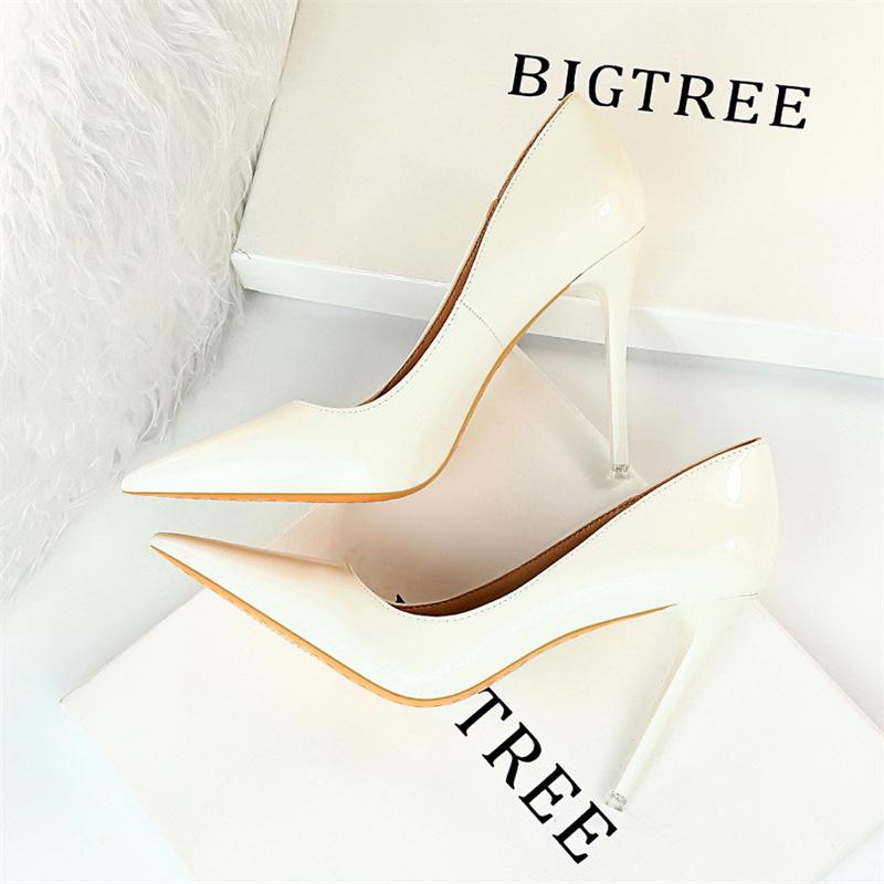 Fashion Simple Patent Leather Thin High Heel Women Pumps Spring Autumn Shallow Mouth Pointed Toe Slimming Single Shoes