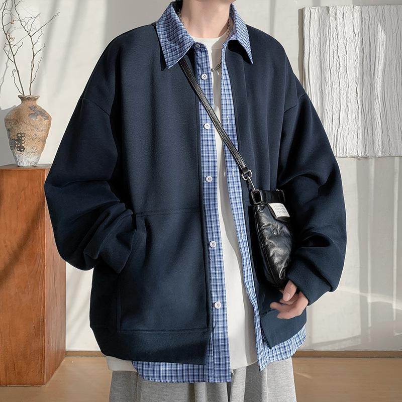 Fake Two-piece Plaid Sweater Mens Design Leisure Coat College Style Lapel Cardigan