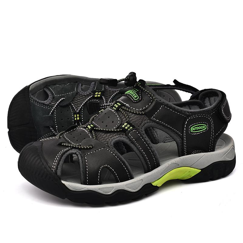 Men Outdoor Hiking Sandals Grey Leather Closed Toe Blue Beach Shoes Wide Handmade Sandals Plus Size for Father