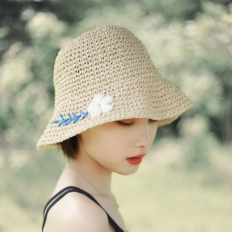 Fashion versatile trendy small daisy embroidered straw hat women's summer foldable bucket hat sun hat sun hat