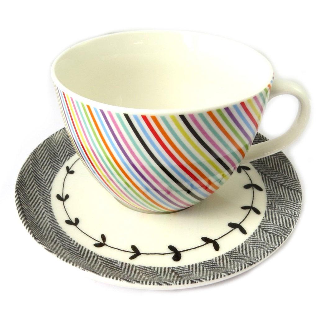 Les Trésors De Lily [N8501] - Cup + Saucer 'Vintage Design' Multicolored Stripes - 11x7 Cm