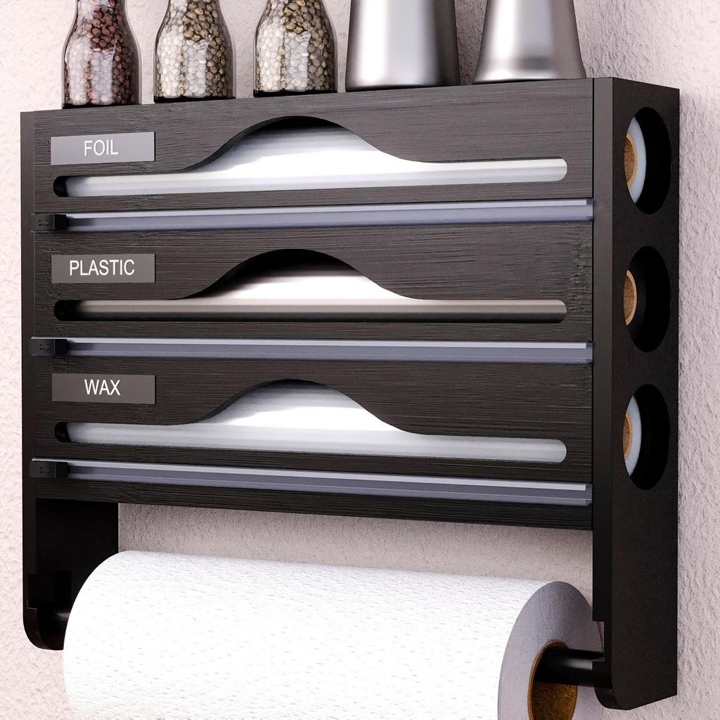 Bamboo Wrap Dispenser with Paper Towel Holder, 3-Section Kitchen Organizer for Foil, Plastic Wrap with Cutter and Storage Rack for Kitchen Accessories