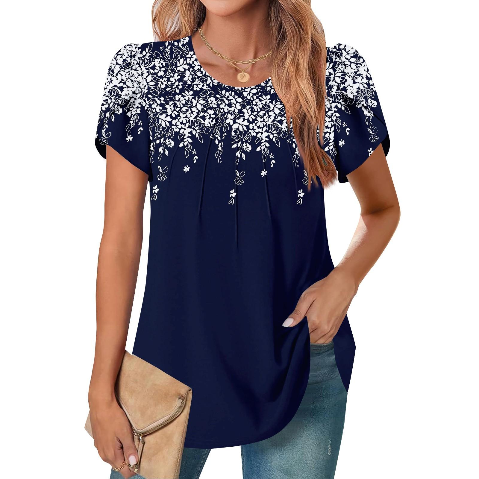 

Женский повседневный топ с круглым вырезом и коротким рукавом, с плиссировкой и расклешенными рукавами, с цветочным принтом XXL тёмно-синий