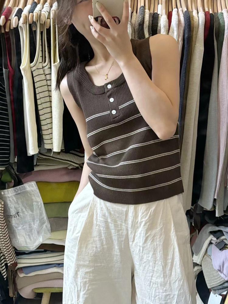 Spring 2026 Women's Color Block Striped Knit Vest - Slimming, Sleeveless, Round Neck Top