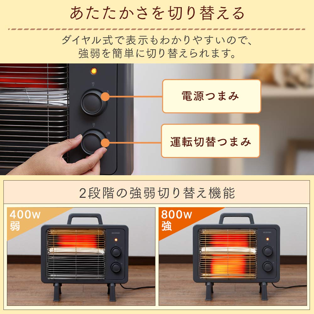 Iris Ohyama Electric Heater, Fast Heat, Power Off if Tipped Over, 400W/800W, Two-Level Switching, Black Coat Heater, IEHDB-800-H, Gray