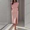 European and American Fashion Royal Sister Style Solid Color Round Neck Waist Split Metal Buttons Summer Dress Women
