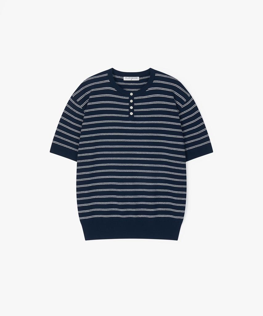 Peullojeulum Stripe Henleyneck Cotton Knit Navy