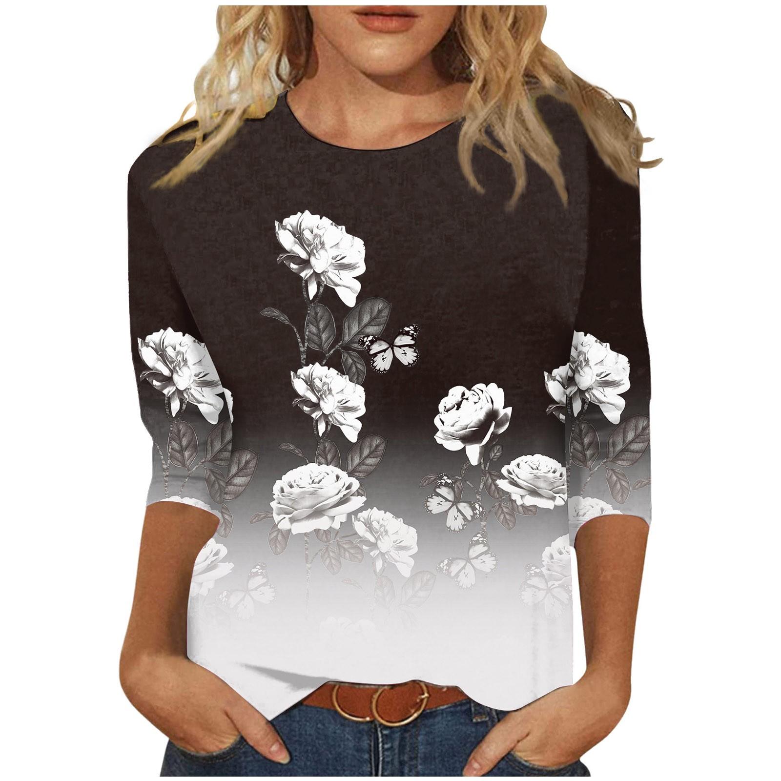 

Женские топы с круглым вырезом и рукавами Модные свободные милые рубашки Повседневные принты Модные блузки Футболки Летний пуловер XL