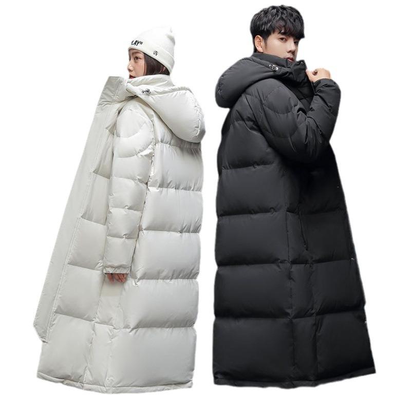 Direct batch of winter men's down jackets couple long thickened warm hooded simple and fashionable green tide jacket