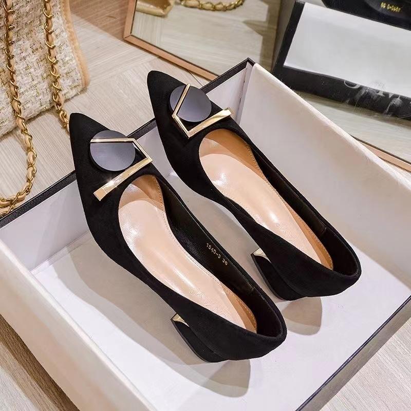 Mode Damskor Enkla Skor Spetsig Mocka Mellanhäl Tjock Klack Damskor Älva Mjuk Sula Sköna Skor