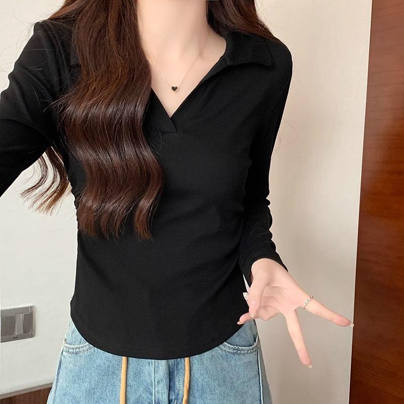 Korean Style Polo Collar Long-sleeved Mask T-shirt for Women In Autumn and Winter New Design Pleated Waist Unique and Unique Bottoming Shirt