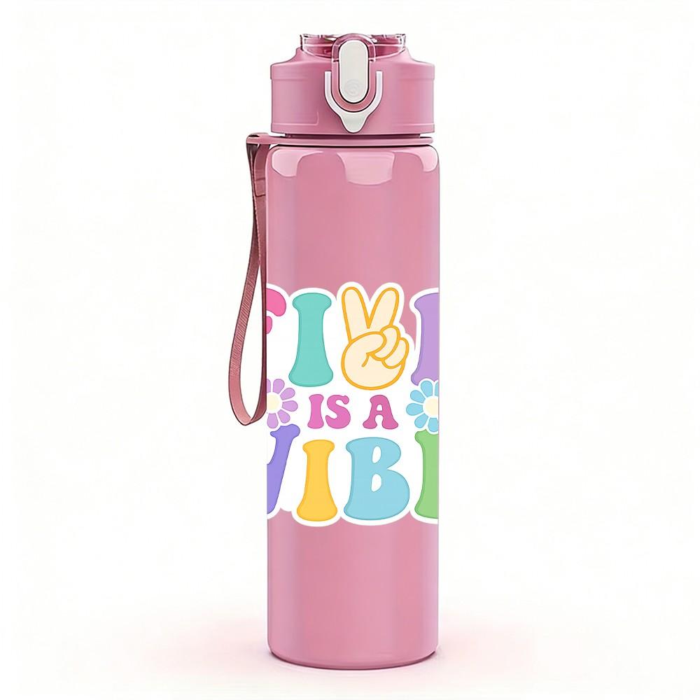 1PC Fix Your Vibe Text Slogan Print 750ml Color Plastic Sports Water Bottle Leakproof Flip Straw Lid Suitable for Sports Office Home Use