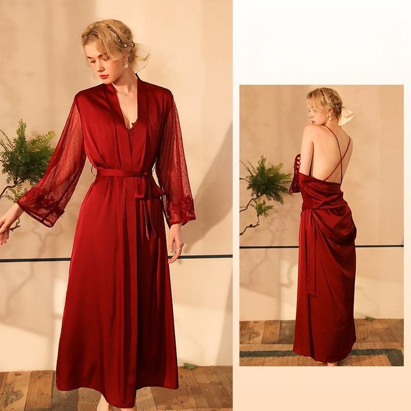 

Lace Deep V Backless Satin Set Cami Nightgown with Mesh Sleeve Outer Robe Long Loungewear 6076 Luxurious Two-Piece Sleepwear with Chic Mesh Sleeves L