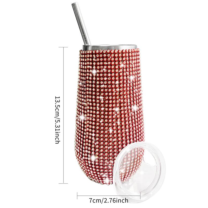 6oz Glänzender Diamant-Becher Bling Strass-Weinglas mit Strohhalm Edelstahl Isoliert Vakuum Champagnerbecher Tasse Eiform