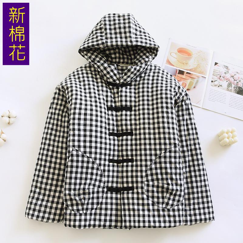 Black Plaid Hooded Cotton Clothes, Warm Cotton Clothes, Handmade Chinese Button-down Cotton-padded Jackets, Thickened Outing Jackets