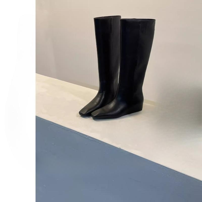 Stylish Square-toe Slim-fit Fashion Boots with Built-in Height Increase, Mid-calf Boots, Women's Shoes