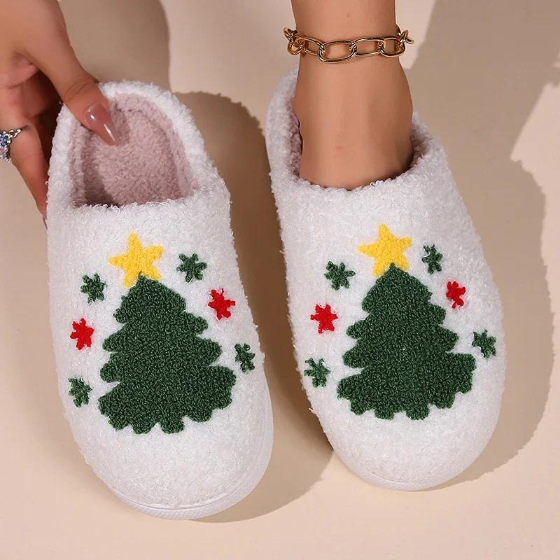 Christmas Fluffy Home Slippers Women Winter Comfort Soft  Indoor Cotton Slippers Woman Funny Shoes House Non-slip Slides Women