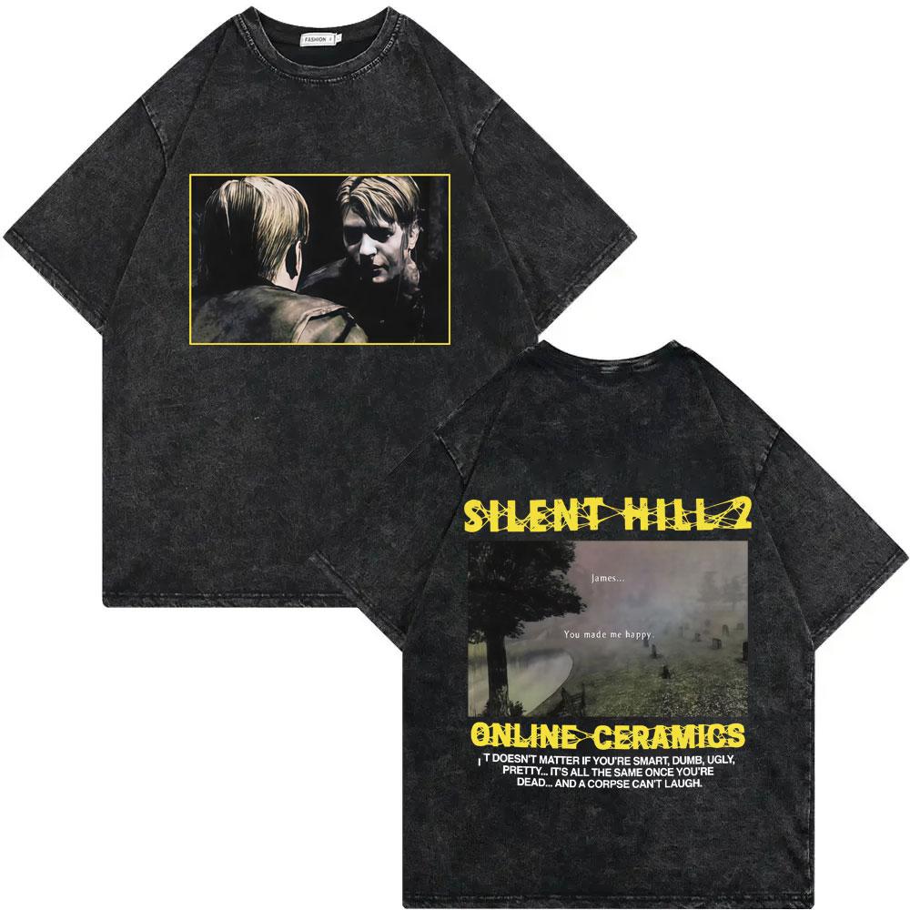 Game Silent Hill Vintage Washed Tshirt Men Women Gothic Fashion T Shirts High Quality Cotton Oversized Tshirts Streetwear