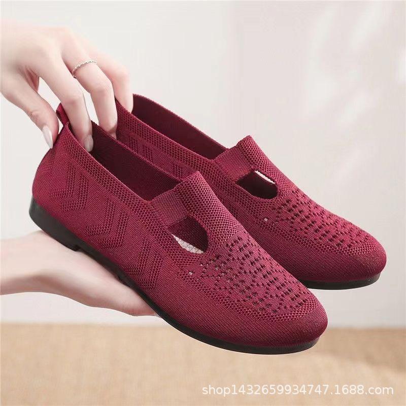 

Spring and Autumn Flying Weaving Breathable Women s Shoes Cloth Shoes Flat Bottom Fashion Casual Shoes Single Shoes 41 бордовый