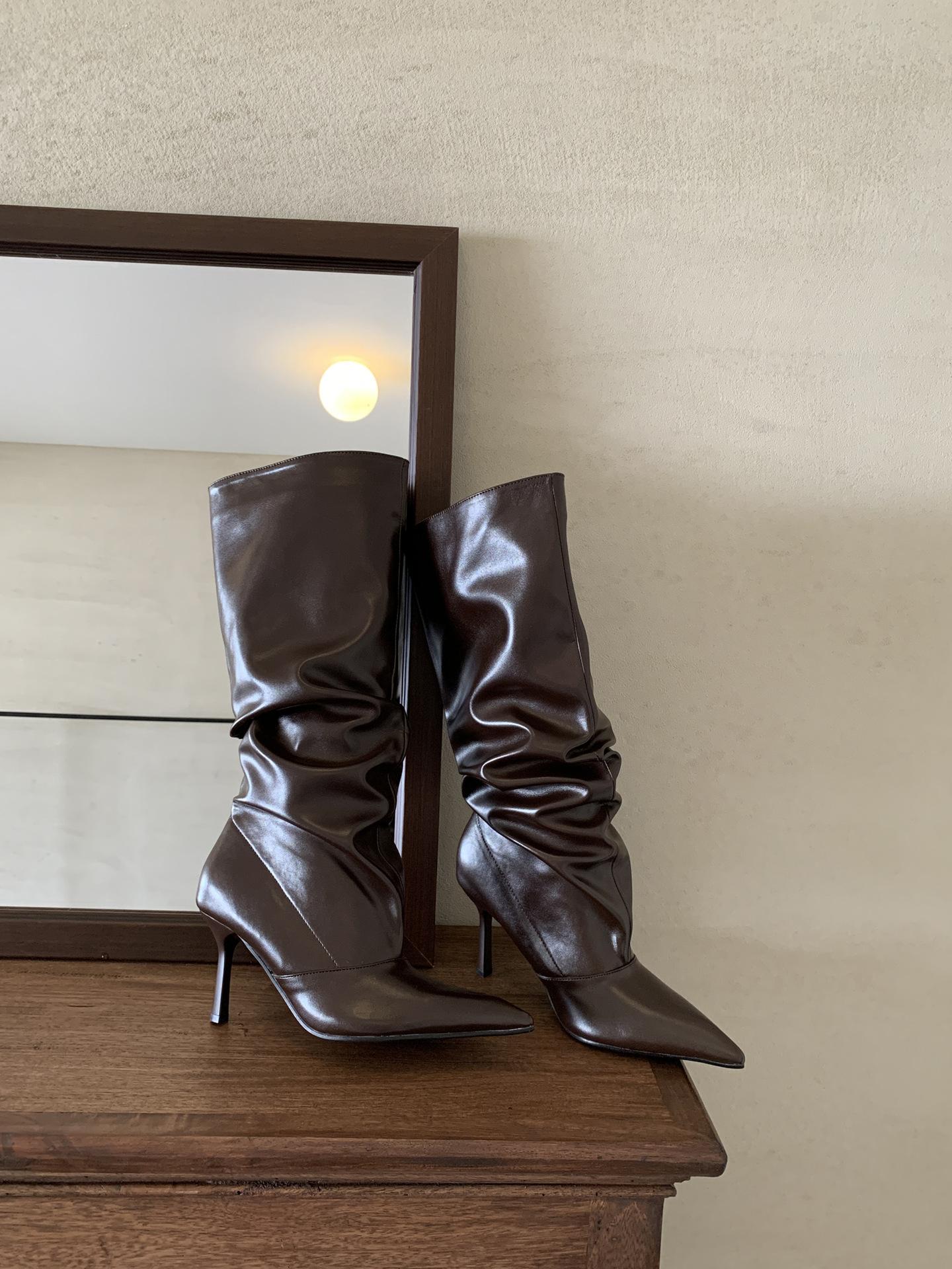 

Boots Women s long tube tall tube 2025 autumn and winter new soft leather high heel thin heel pointed fashion stacking boots 35