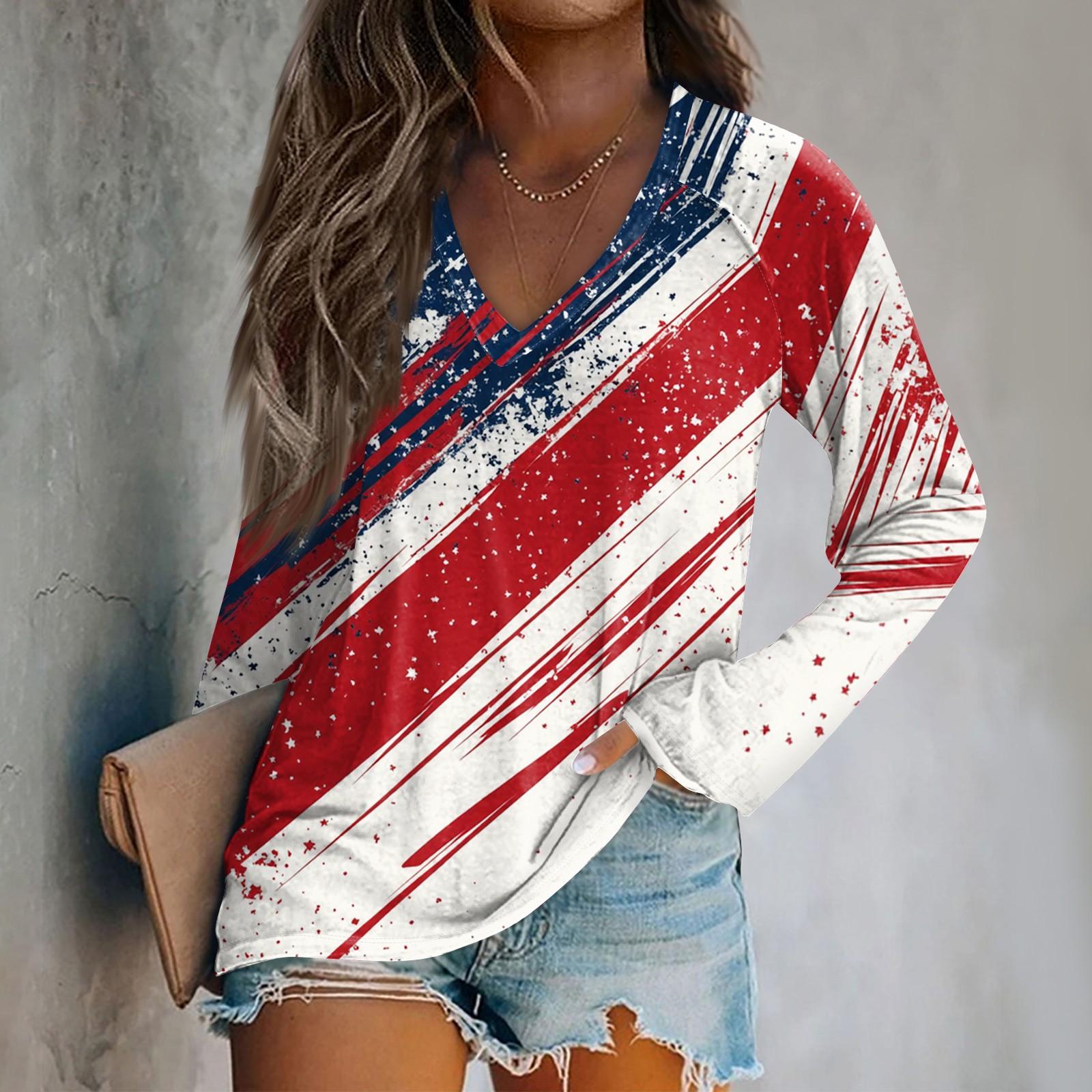 

Women s Long Sleeve Plunger Sleeve Independence Day Printed Casual Top T-Shirt XXL червоний