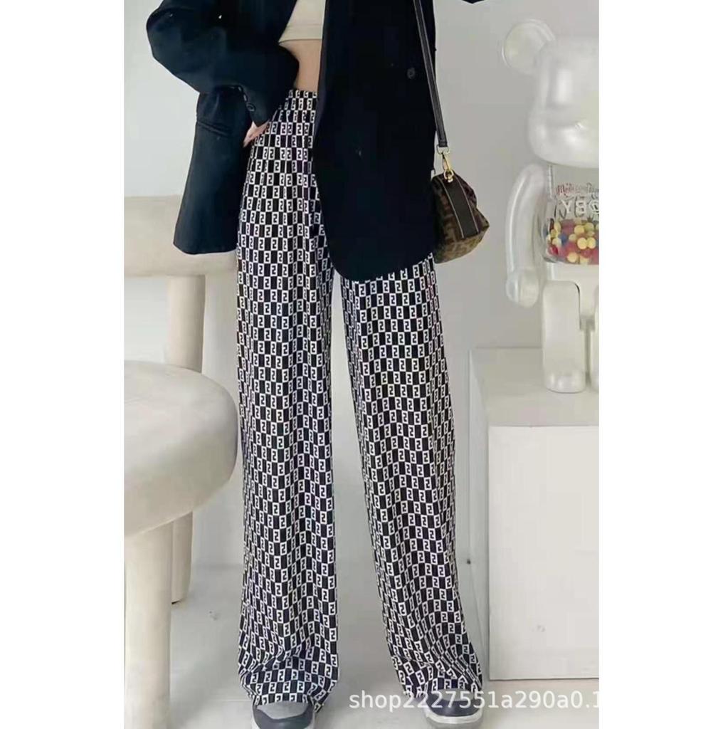 Women's Summer Plaid Ice Silk High-Waisted Wide-Leg Drape Pants