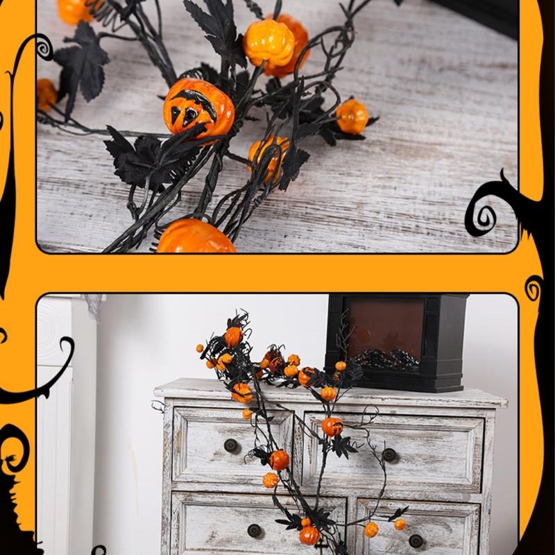 Artificial Leaf Vine Hanging Maple Leaf Vine with Artificial Pumpkins Halloween Party Decoration for Door Wall, 5.9Feet