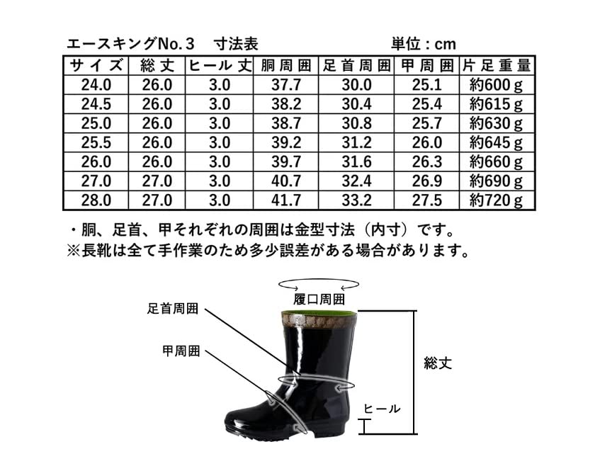 Mitsuuma Ace King Long 3 Classic Waterproof Rain Boots for Size Cm No. Boots, Men's Work, Black, 25.5