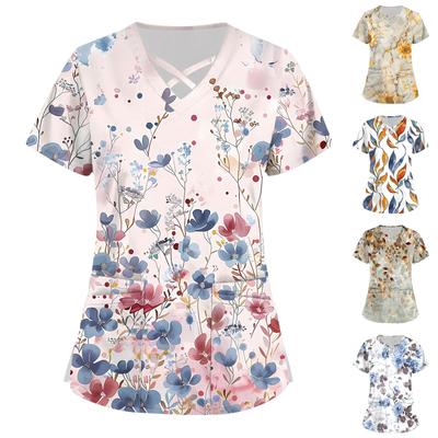 Women's Short Sleeve Stagger V Neck Print Pocket Dry-nurse Top