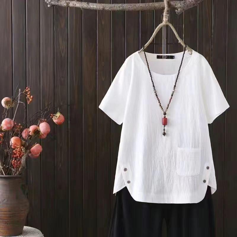 Women's Summer 2024 Cotton & Linen Retro Japanese T-Shirt - Short-Sleeve, Large Size, Casual Ethnic Style