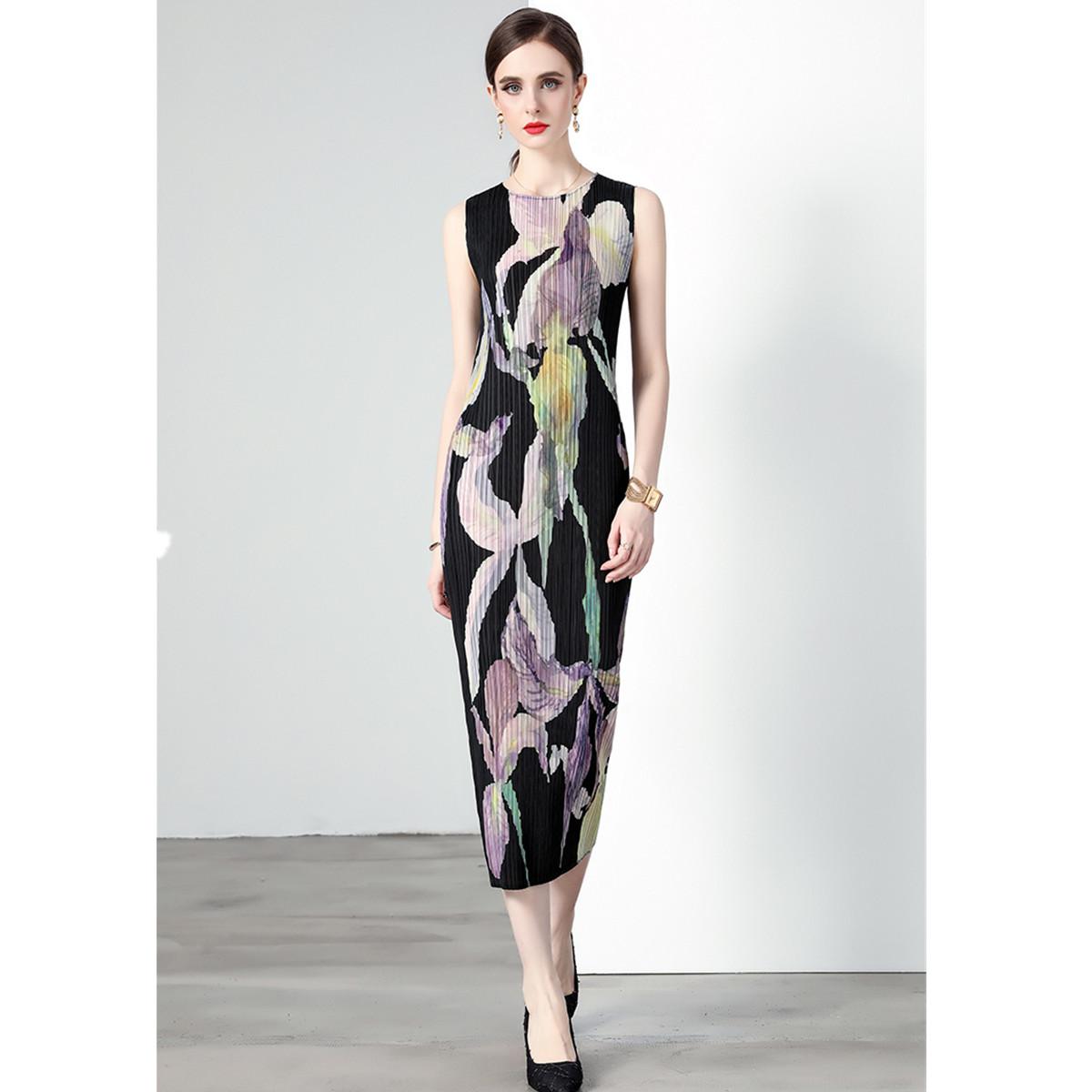 

Miyake Новое модное платье с цветочным принтом и складками для женщин, повседневное платье без рукавов в стиле оверсайз, длинное платье S