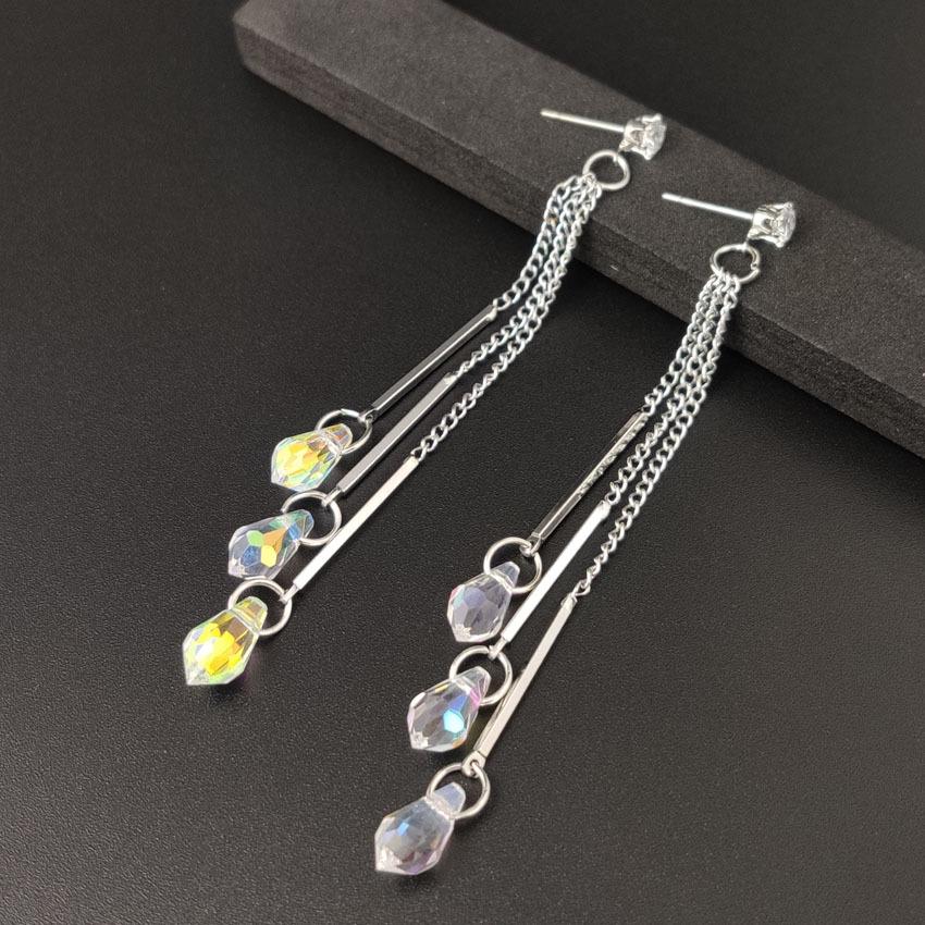 Sterling Silver Crystal Tassel Earrings - Korean Long Pendant for Elegant Style