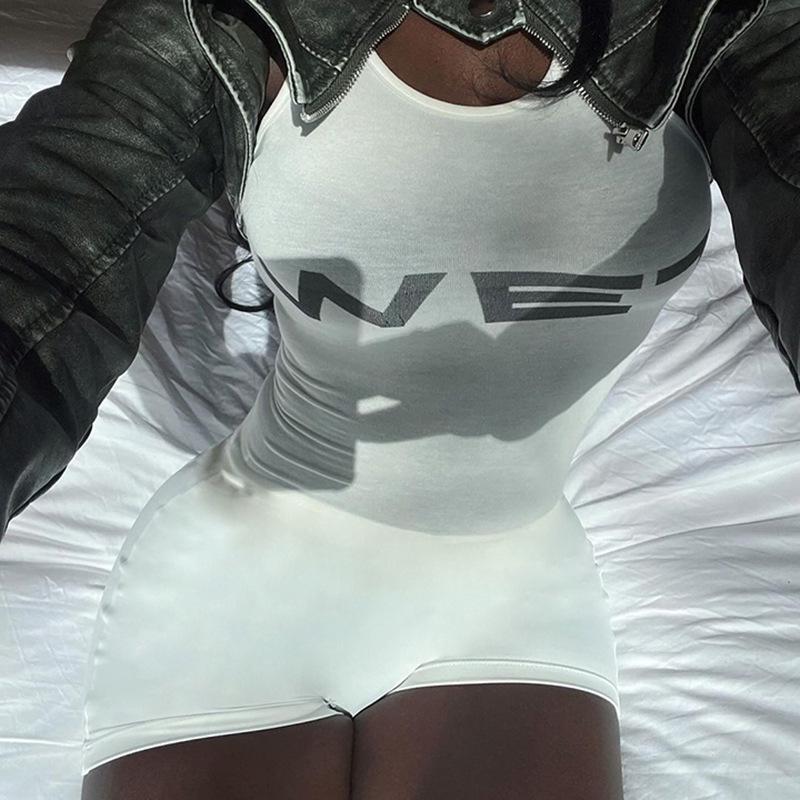New 2025 Summer Women Sexy Sport Romper Subtranslucent Slim Playsuits Letter Printed White Women'S Raceback Sleeveless