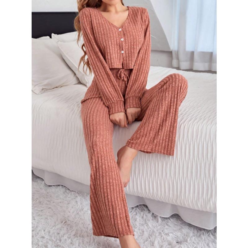Women Casual Long Sleeve Button Pajama Set Long Pants Home Loungewear European Style